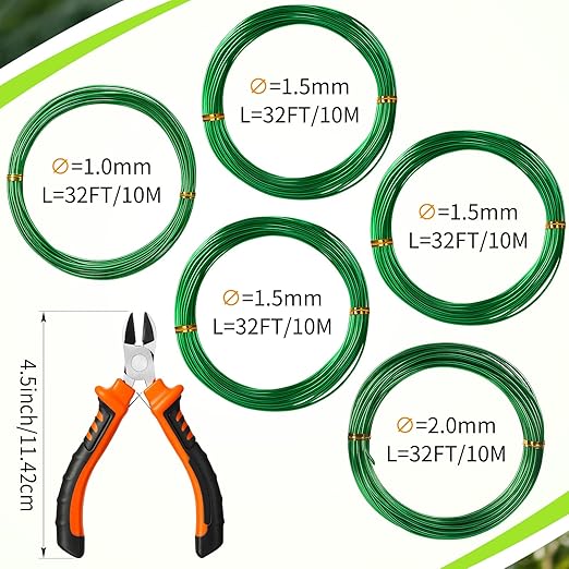Mudder 5 Roll Aluminum Bonsai Training Wire Tree 160 Feet Total with Bonsai Wire Cutter Anodized Training for Holding Branches Small Trunks(Green)