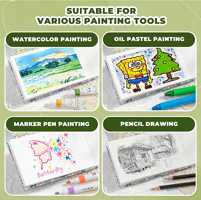 Mini Portable Watercolor Palette Set-Grid Paint Box with Binder Clips Include 24 Colors Paint - Brush*3 and Picture Album Art Materials Coloring Markers (Blue Wood-L)