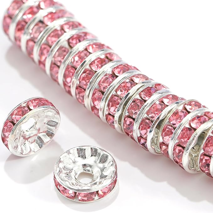 100Pcs Rondelle Spacer Beads Round Crystal Charms Czech Rhinestone Silver Plated Spacer Loose Beads for DIY Bracelet Necklace Jewelry Making Supplies (8MM, Pink)