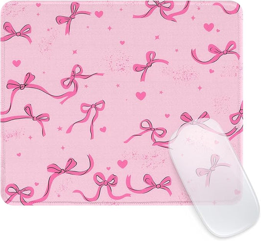 Seorsok Square Aesthetic Ribbon Bows&Shining Stars and Love Mouse Mat Premium Textured Mouse Pads for Office Laptop,Washable Square Mousepads with Extended Stitched Edges Non Slip Rubber Base,Pink