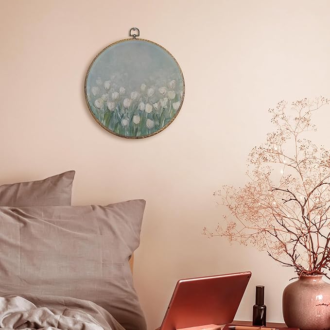 FUGWN Vintage Tulip Floral Round Wall Art Decor Framed, Retro Cottagecore White Tulip Flower Botanical Canvas Artwork Prints, Floral Wall Hanging Decorations for Home Bedroom Living Room, 10x10 Inch
