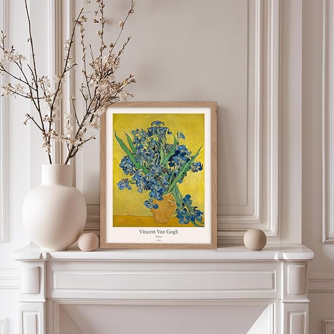 Monem Art Vintage Van Gogh Poster - Retro Irises Print - Flowers in Vase Art - Impressionism Art - Floral Art - Fine Art - Classic Painting Art - Living Room Wall Decor - 8x10 Beige Framed