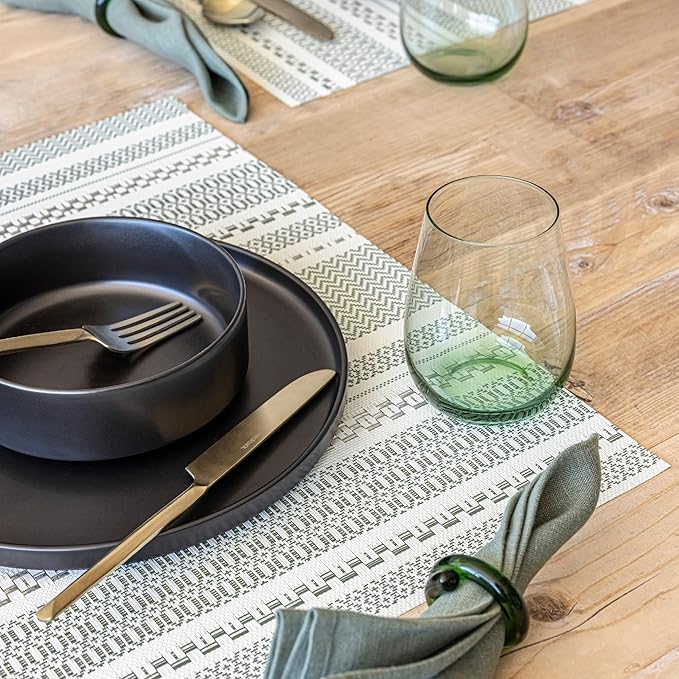 Over&Back Set of 4 Reversible Woven Placemats - Colorful Dining Room Table Mat - UVA/UVB-Proof Polypropylene - Indoor and Outdoor Kitchen and Home Decor - Striped - Green - Rectangle