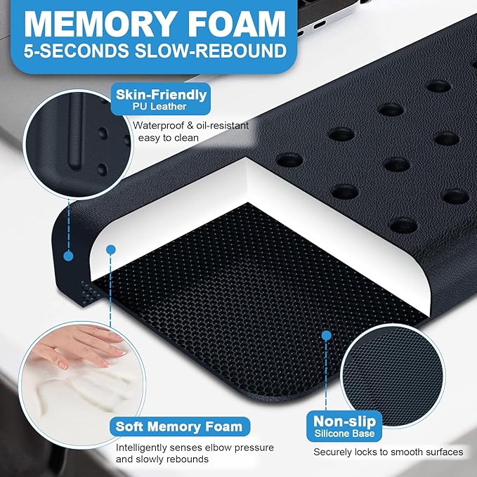 Arm Rest for Desk 2-Pack, L-Shaped Desk Elbow Pad with Non-Slip Silicone Base, Memory Foam PU Leather Desk Edge Cushion, Ergonomic Elbow Rest for Office/Computer Gamers