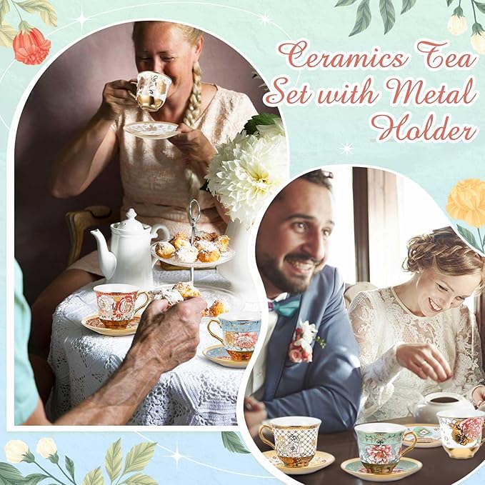 Set of 6 Tea Cups and Saucers Tea Party Decorations Floral Porcelain 5.4 oz British Gift for Women Birthday Party, Church, and Mother's Day (Stylish Style)