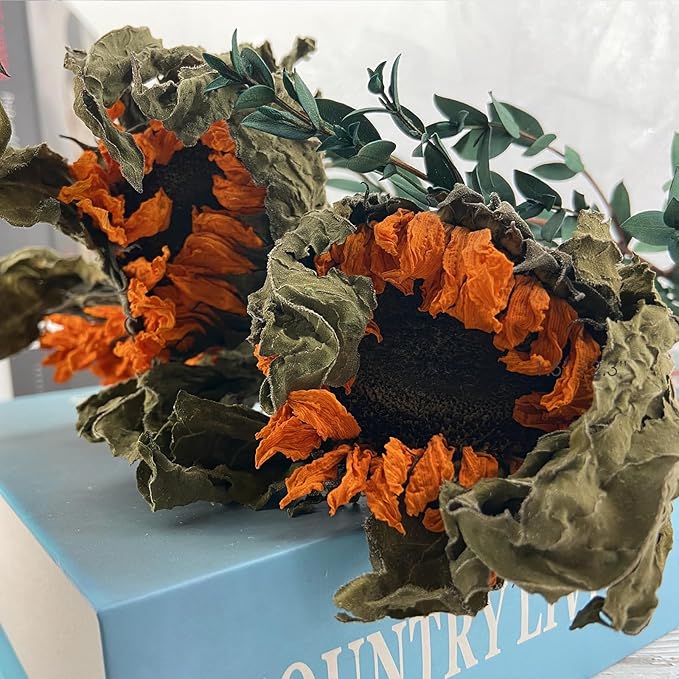 L'BREVOGA Dried Sunflowers with Stem, 3 pcs Natural Dried Sunflower for Floral Arrangements Home Wedding Party Decoration (15 Inches)