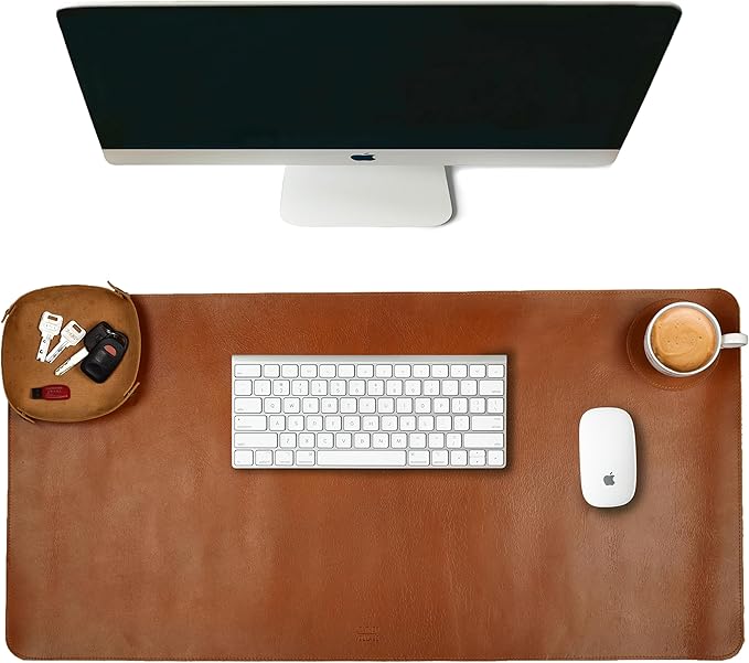 LEATHER VILLAGE Real Leather Desk Pad (3mm) Thick Double Layer Desk Mat Cover Blotter Large Full Grain Protector for Keyboard, Mouse & Laptop – Office Table Mat & Desktop Accessories–(32''x16'')-Tan