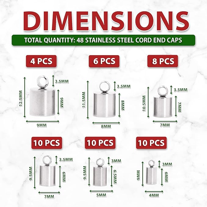Mandala Crafts Stainless Steel Leather Cord End Caps for Jewelry Making, Tassel Caps, 4mm to 9mm 48 PCs Cylinder Cord Ends, Kumihimo Supplies and Jewelry Findings