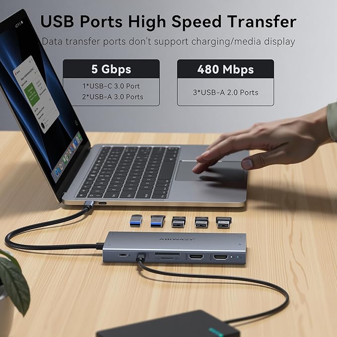 USB C Laptop Docking Station Dual Monitor for Dell XPS/HP/Lenovo/Surface, 15 in 1 USB C Hub 3 Monitor Adapter Dock with 8K DisplayPort, 2 HDMI 4K@60Hz, 6 USB A/C, 100W PD, Ethernet, SD/MicroSD