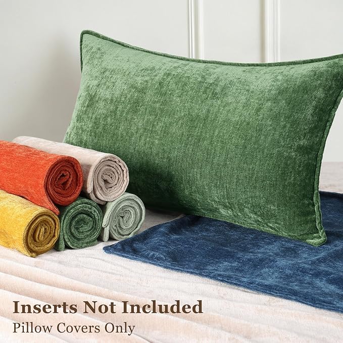 decorUhome Spring Couch Euro Sham Throw Pillow Covers 22x22 Set of 2, Decorative Soft Velvet Neutral Chenille Pillow Covers with Elegant Design for Sofa Bed Living Room Home Decor, Moss Green