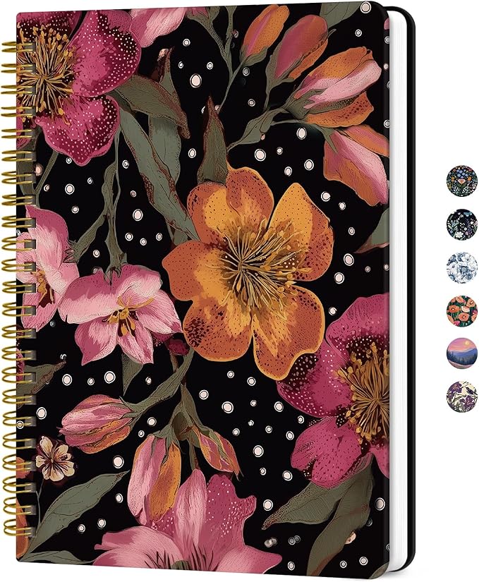 Lined Spiral Journal for Women, A5 Hardcover Cute Notebook for Work & Note Taking, Aesthetic Pretty Journal for Writing, 140 Pages, 6"x8", Crimson Floral