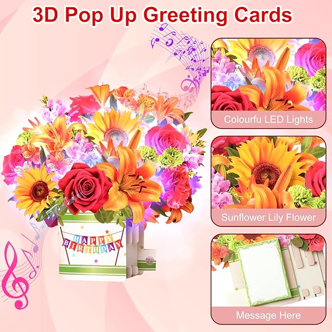 Birthday Cards, Happy Birthday Card for Women, 10Inch Life Sized Forever Sunflower Bouquet with Light and Music, 3D Popup Greeting Card Gift for Women Wife Mom Daughter Sister(Blank Notecard & Envelope)