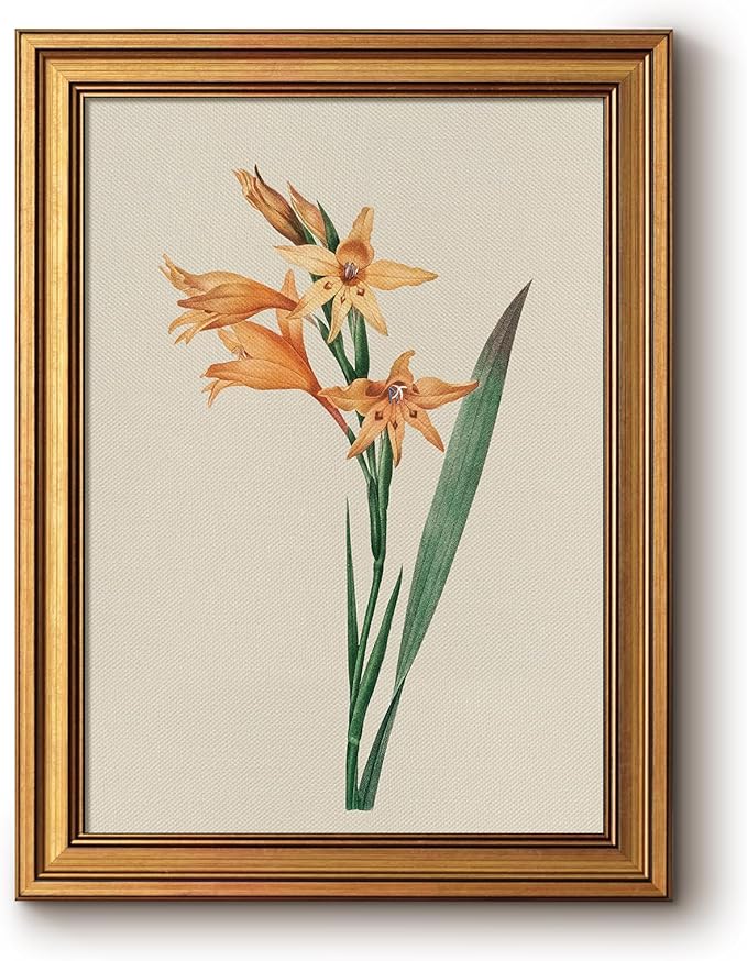 Bzstyleart Vintage Wall Art Decor for Living Room,Gladiolus Yellow Flower Wall Art Botanical,Vintage Floral Botanical Prints,Gold Framed Artwork Room Decor Aesthetic for Bedroom,12 x 16 Inch