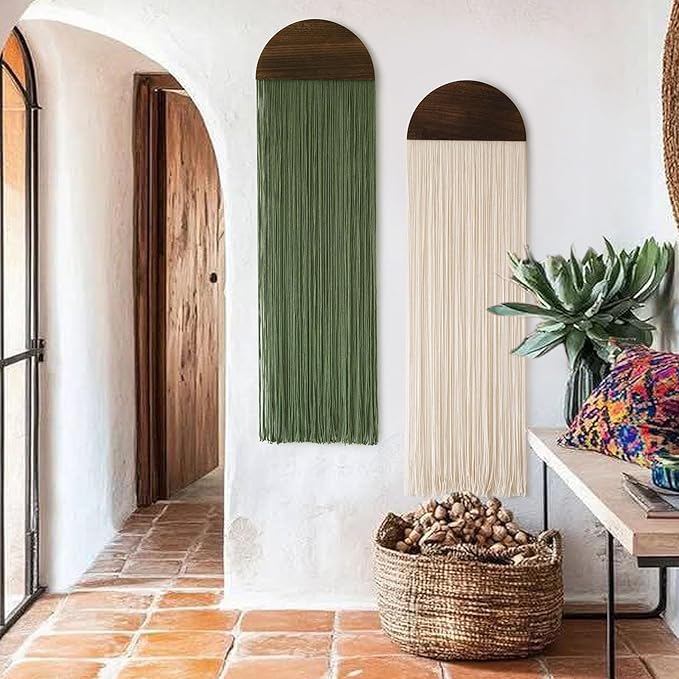 2 Pcs Macrame Wall Hanging Boho Decor Wall Tapestry Handmade Round Tassel 13.7" W x 51" L for Living Room Bedroom Headboard Decor