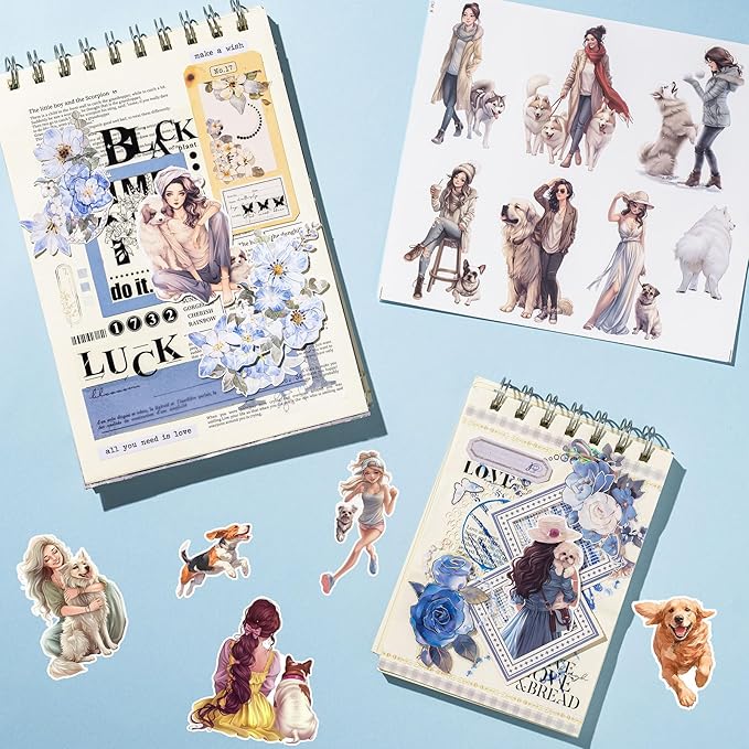 Scrapbook Stickers Set, 124Pcs Girls with Pets Dogs Sticker for Scrapbooking and Journaling, Junk Journal Supplies, Bullet Journals Materials, Planner DIY Arts Craft Collage
