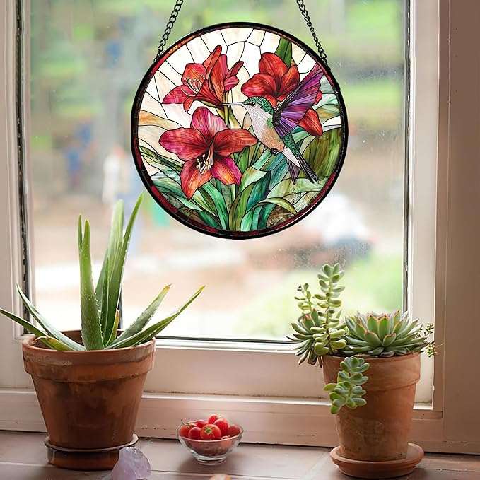 Stained Glass Window Hanging - Hummingbird On Red Lily Flower Sun Catcher for Door Garden Decor Suncatcher Christmas Mother's Day Birthday Gifts for Bird Lovers Women Men Mom Nana 9.8 in