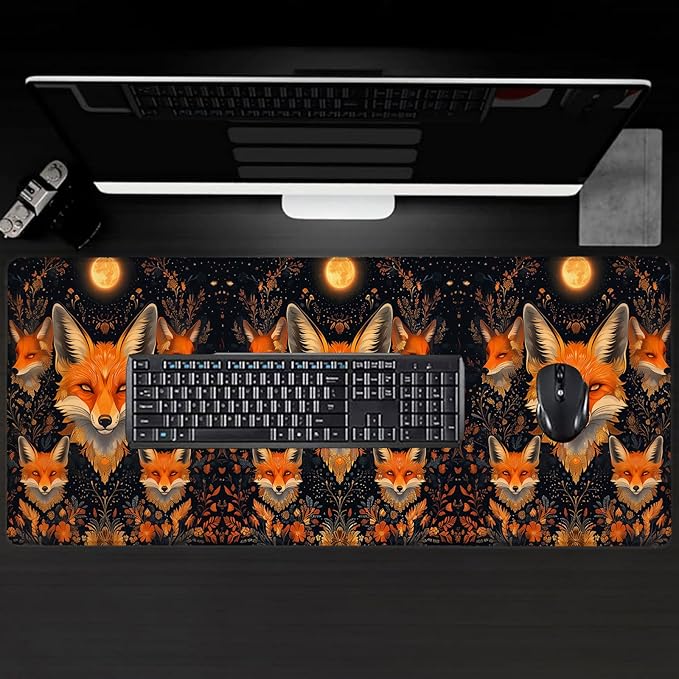 Moonlit Fox Large Gaming Desk Mat,Rubber Non-Slip Foxgloves Enchanting Floral Mouse Pad,31.5x11.8x0.12in Extended Cool Mysterious Mousepad,Game Lover Mice Pads Gifts,Office Home Deskmat Decor