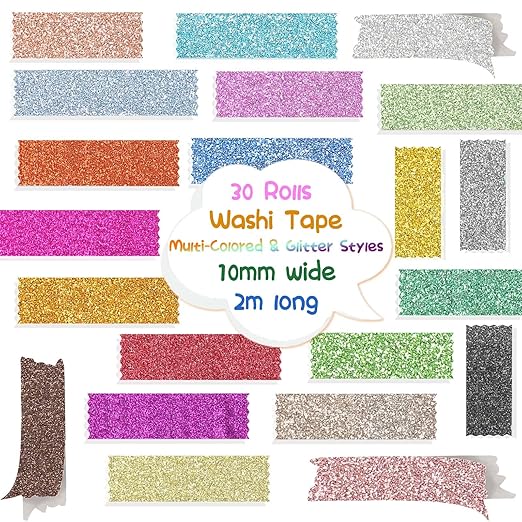 AEBORN Thin Glitter Washi Tape - 30 Rolls 10mm Colored Rainbow Washi Masking Tape Set, Skinny Decorative Tape for Bullet Journal, DIY Crafts, Planner, Scrapbook, Gift Packaging (Glitter-30J)