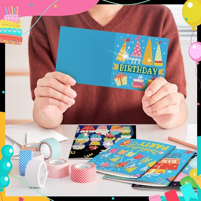 Saillong 12 Pack Happy Birthday Diamond Painting Greeting Card Kits DIY Diamond Art Cards with Envelopes Birthday Cake 5d Rhinestones Painting Kits for Adults DIY Crafts Family Friend Birthday Gifts