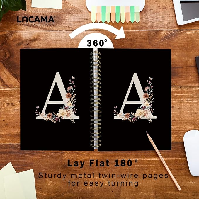 Lacama Black Initial Letter A School Notebook Journal, Aesthetic Wildflower Personalized Spiral Notebook, School Supplies, Customized Monogrammed Gifts, Birthday Gifts for Women, Office Supplies