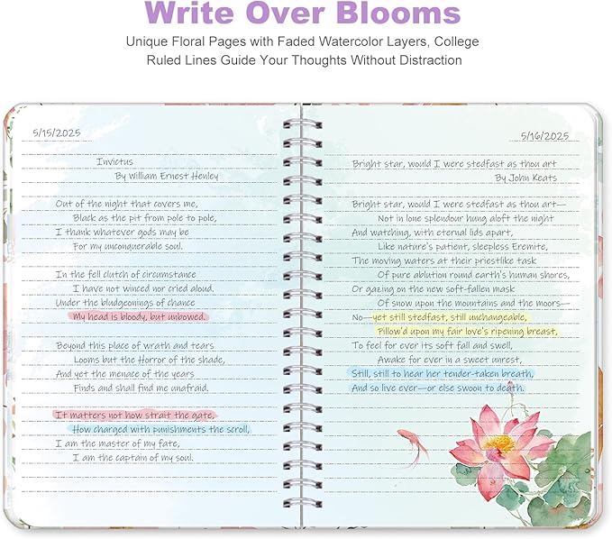 SIIXU Floral Spiral Notebook, A5 College Ruled Journal for Women with 160 Colorful Pages for Poetry, Work Notes & Daily Writing, Blue, Hardcover