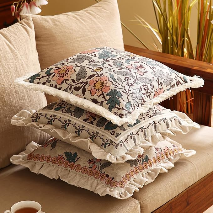 ISAENNE Design Square Linen Vintage Throw Pillow Covers 18"x18" Set of 4, Gray Green Farmhouse Cushion Covers with Silver Lotus Floral Pattern Decor Pillowcases for Bed,Living Room,Outdoor,Car