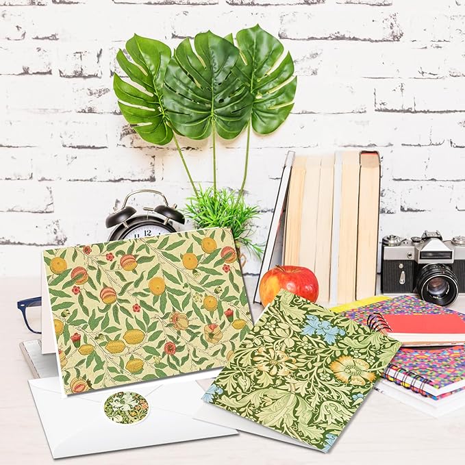 24 Pack William Morris Greeting Cards with Envelopes & Stickers - 4x6 Inch Vintage Floral Leaves Retro Botanical Flower Blank Note Cards for Wedding, Birthday Greetings, Baby Shower, Thank You & More