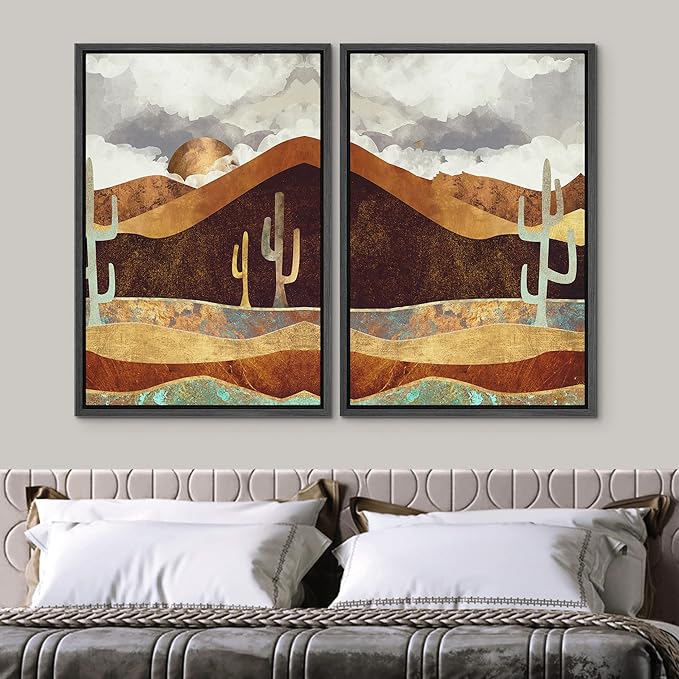 SIGNWIN Framed Canvas Print Wall Art Set Geometric Granite Desert Cactus Landscape Nature Wilderness Illustrations Modern Art Scenic Colorful for Living Room, Bedroom, Office - 24"x36"x2 Black