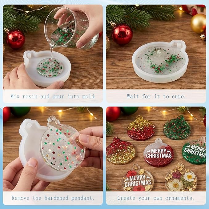 6 Pcs Silicone Resin Ornament Molds Kit, 4-Cavity Deep Round Mold & 4 Holiday Ornament Resin Molds with Fake Sprinkles, Epoxy Resin Molds for Christmas DIY Crafts, Keychains & Jewelry Making