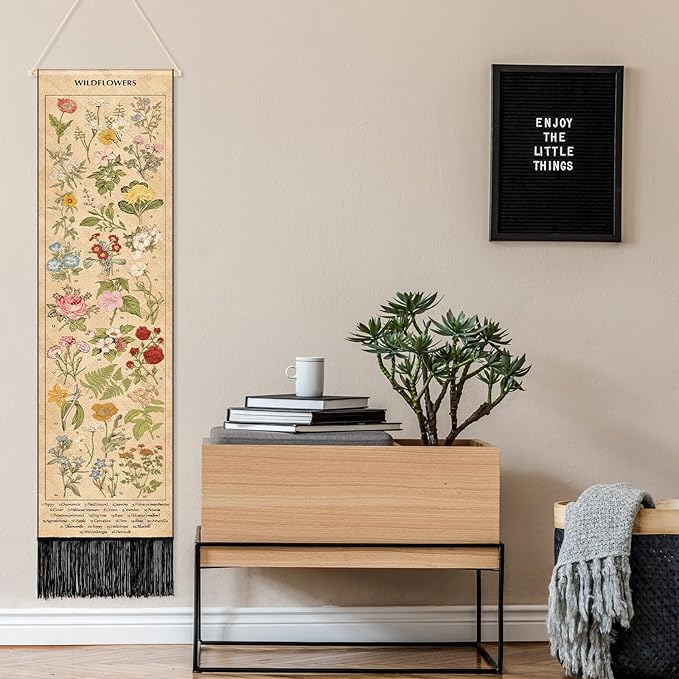 Geetery Vintage Floral Vertical Tapestry Wall Hanging Long Narrow Wall Fabric Flower Hanging Reference Illustrative Botanical Tassel Tapestry for Home Decor Gift (Natural)