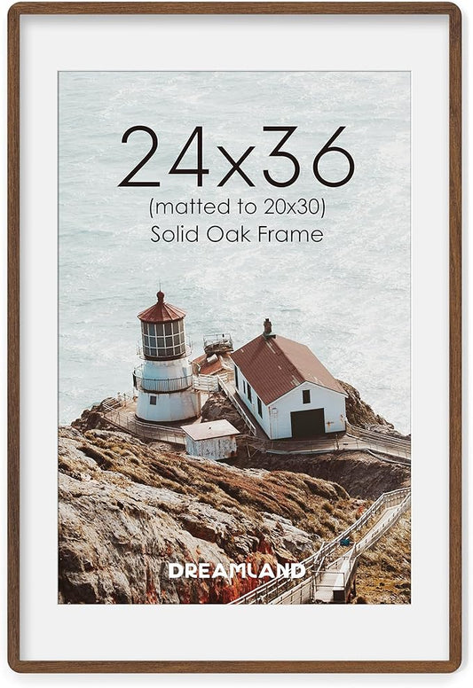Natural Oak Wood Picture Frame 24x36, Wooden Poster Frame with Mat for 20x30, Round Corner 24 x 36 Matted Picture Frames with Resistant Plexiglass for Wall Mounting or Tabletop, Walnut Color, Set of 1