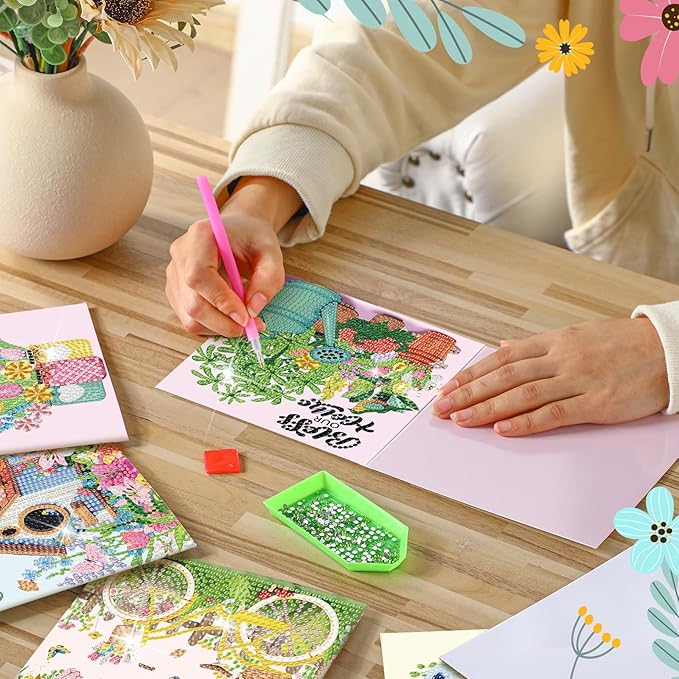 Saillong 12 Pack Spring Diamond Painting Greeting Card Kits Easter Diamond Art Cards with Envelopes Gnome Tulips Flowers 5d Rhinestones Painting Kits for Adults DIY Crafts Family Friend Spring Gifts