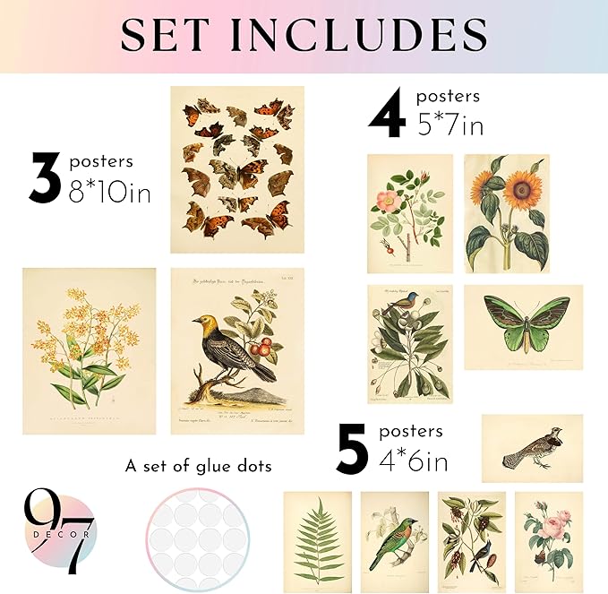 97 Decor Vintage Botanical Wall Art - Vintage Botanical Prints Plant Posters For Room Aesthetic, Nature Wall Decor Butterfly Paintings Bird Art, Floral Pictures Wall Decor For Bedroom (8x10 Unframed)
