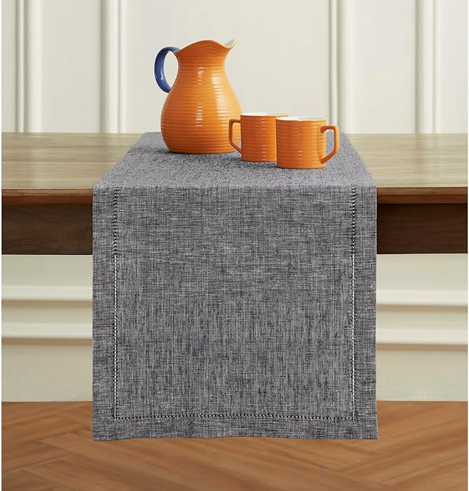 Solino Home Linen Table Runner 72 Inches Long - Milan Hemstitch 100% Pure Linen Chambray Black Dining Table Runner 14 x 72 Inch