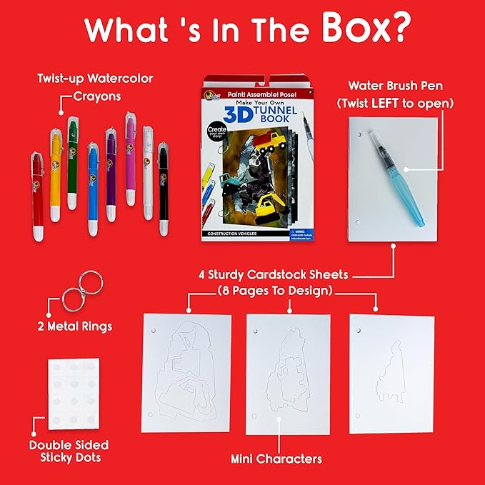 EyeConnect Crafts DIY Medium 3D Tunnel Book - Construction Vehicles | Creative Pop-in STEAM Craft Set for Kids & Teens | Build Paint & Customize with Mini Characters | Fun Pop-Up Art Activity Kit