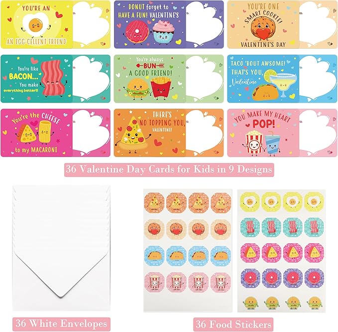 Valentines Day Cards for Kids Classroom, 36 Pcs Funny Food Exchange School Set with Stickers, Cute Snack Dessert Valentine Day Card Gifts for Kids Class Party Supplies