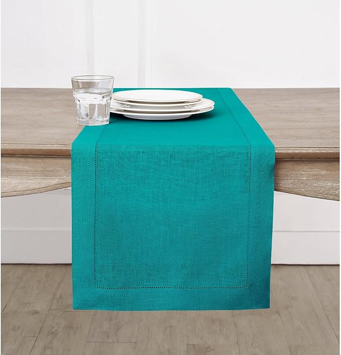 Solino Home Linen Hemstitch Table Runner 48 Inches - 100% Pure Linen Teal Table Runner 14 x 48 Inch Ideal for Dresser and Coffee Tables - Classic Hemstitch