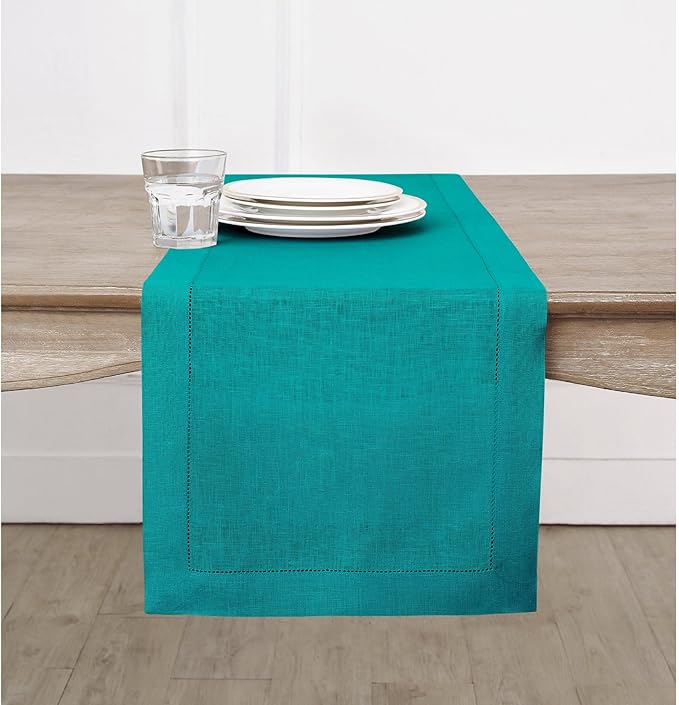 Solino Home Linen Table Runner 120 Inches Long - 100% Pure Linen Teal Table Runner 14 x 120 Inch - Classic Hemstitch