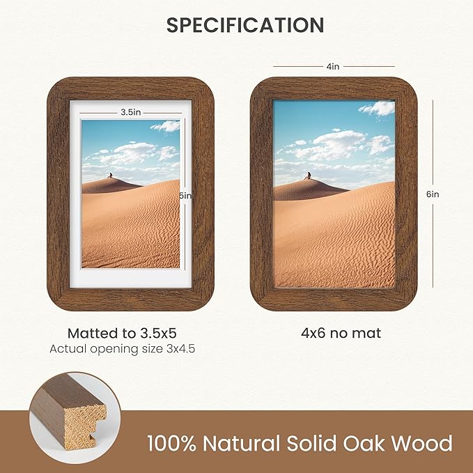 Dreamland 4x6 Picture Frame, Solid Oak Wood Photo Frame with Mat for 3.5x5, Round Corner 4 x 6 Matted Picture Frames with Resistant Plexiglass for Wall Mounting or Tabletop, Walnut Color, Set of 1