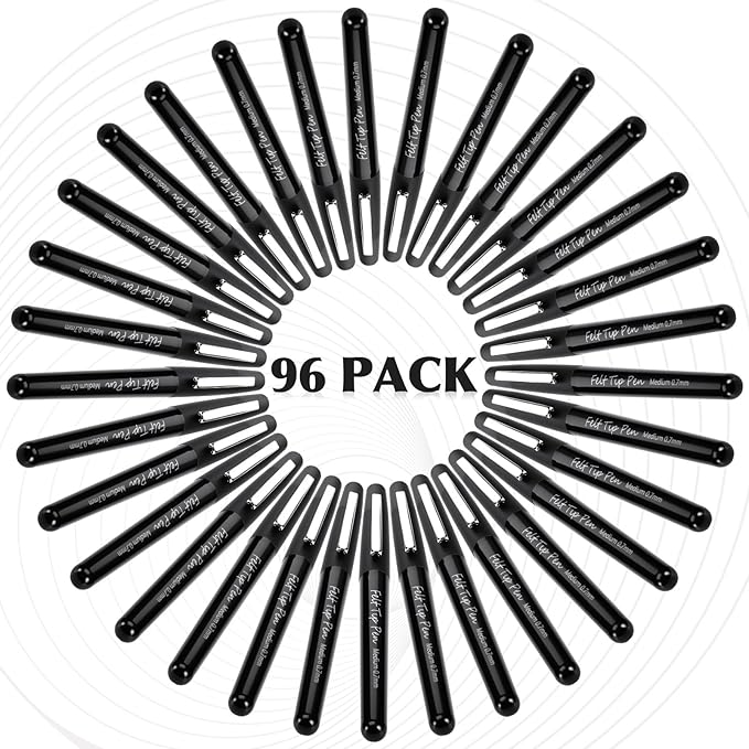 96 Pcs Black Felt Tip Pens 0.7mm Medium Point Pens Bulk, Felt Tip Markers for Journaling, Writing, Note Taking, Planner, Ideal for Office School Art Supplies Gift