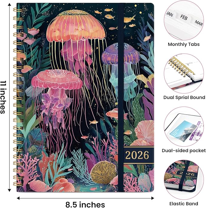 2026 Planner, Weekly and Monthly Planner for Women, January 2026 to December 2026, Pretty Hardcover 2026 Calendar Planner Book with Tabs, Inner Pocket, Spiral Bound, Perfect Office Home School Supplies - 8.5" x 11", Jellyfish