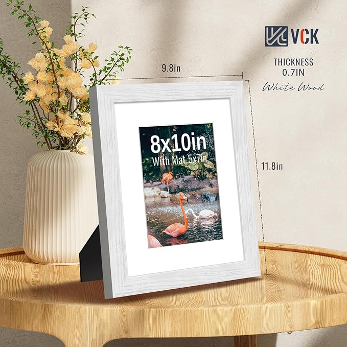 VCK 8x10 Picture Frames White Set of 5, Wide Border Wood, Tempered Glass, Display 5x7 Photo with Mat or 8 x 10 without, for Home, Office, Gallery, Woodgrain Series, Tabletop & Wall Hanging
