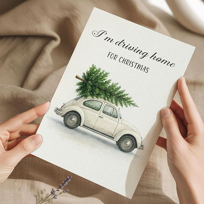 (5.3x8in) I’m Driving Home for Christmas Card with Envelope, Vintage Watercolor Car with Tree Design, Classic Holiday Greeting Card for Family, Friends, Couples, and Loved Ones (Xmas 29)