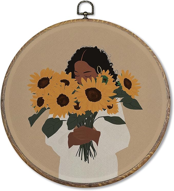 FUGWN Vintage Black Women Floral Round Wall Art Decor Framed, African American Flower Canvas Artwork Prints, Black Women Gifts Wall Hanging Decorations for Home Bedroom Living Room, 10x10 Inch