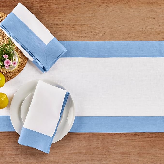 Solino Home Linen Table Runner 120 Inches Long - Cornflower Blue and White 100% Pure Linen 14 x 120 Inch Table Runner for Dining, Winter, Spring, Easter - Contempo