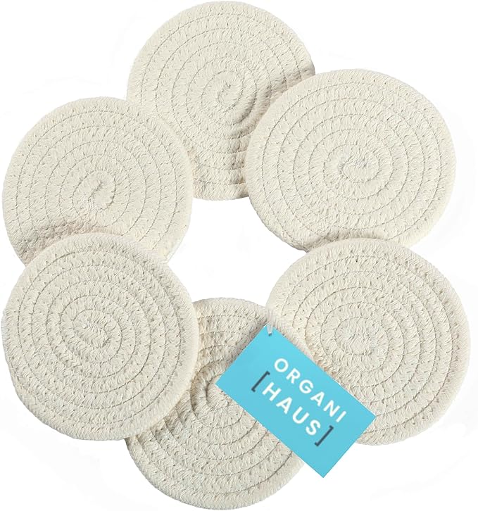 OrganiHaus Drink Coasters Set of 6, Absorbent Cotton Woven Cup Coasters, Rustic Farmhouse Boho Decor for Coffee Table and Drinks Protection, Cute Coaster for Drinks - Off-White