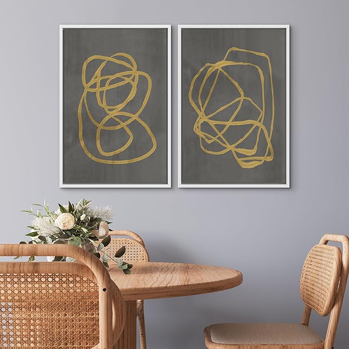 SIGNWIN Framed Canvas Print Wall Art Set Mid-Century Yellow Gray Polygon Collage Abstract Shapes Cozy Neutral Modern Minimalism Decorative Nordic for Living Room, Bedroom, Office - 16"x24"x2 White