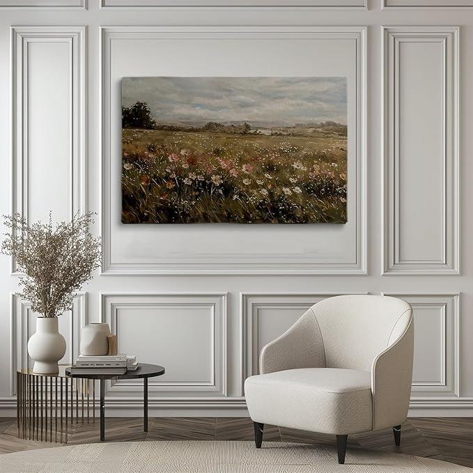 Large Botanical Landscape Wall Art-Large Wild Flower Art,Wildflower Field Vintage Landscape Print,Wild Flower Horizontal Art,Botanical Floral Panoramic Wall Art,Living Room Decor16x24Unframed