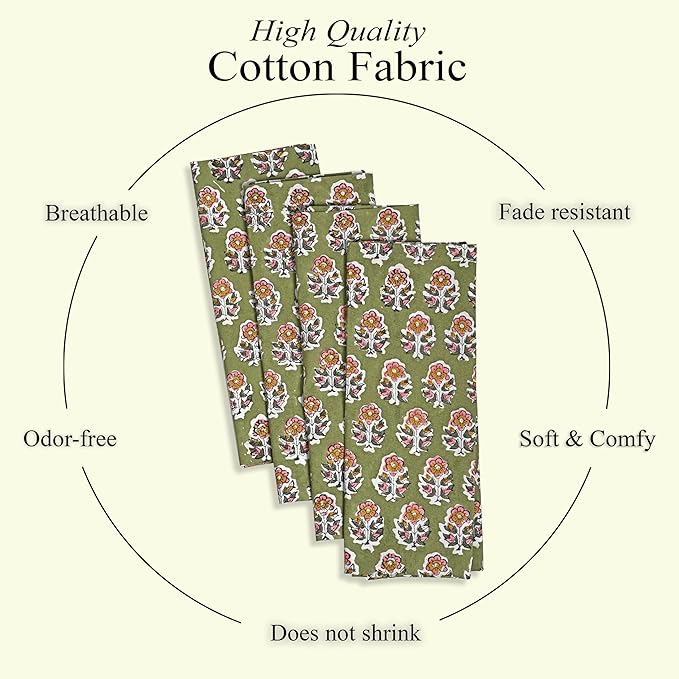 CPC Cloth Napkins 100% Cotton Set of 4 Reusable Napkins, Indian Block Print Toile Floral Dinner Napkin, Fall Thanksgiving Christmas Holiday Party Gift - Soft Absorbent Napkin, 18"x18" Jade Green