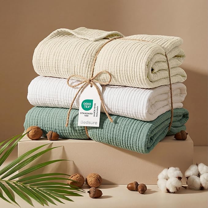 Bedsure 100% Cotton Muslin Throw Blanket Twin XL for Bed - 4-Layer Breathable and Lightweight Thin Soft Summer Gauze Muslin Blankets for Adults, Linen Beige, 66x90 Inches